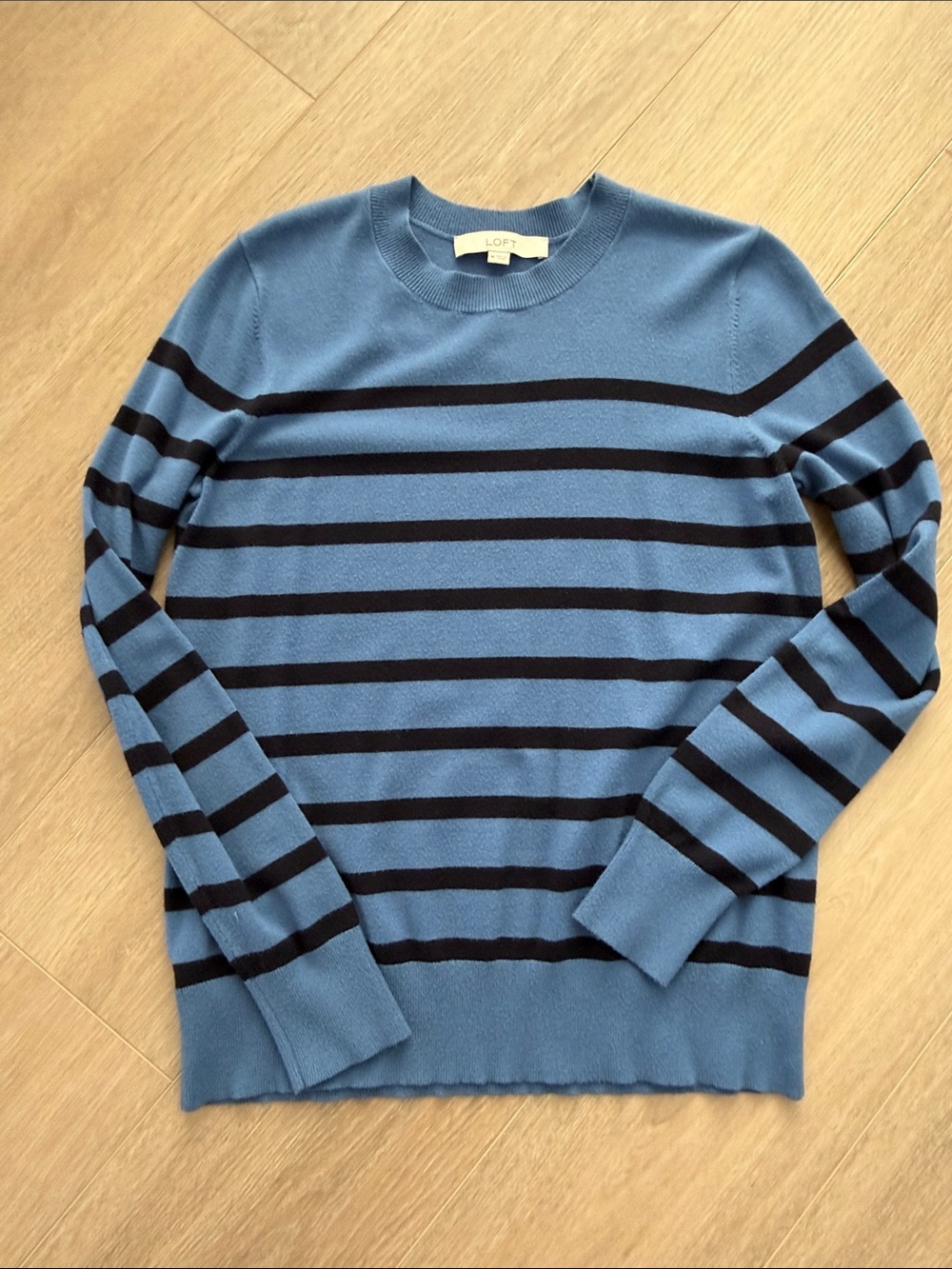 LOFT Blue Crewneck Sweater with Navy Stripes